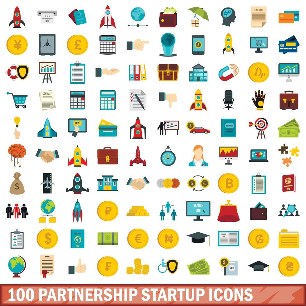 100 partnerschap opstarten iconen set, vlakke stijl vector