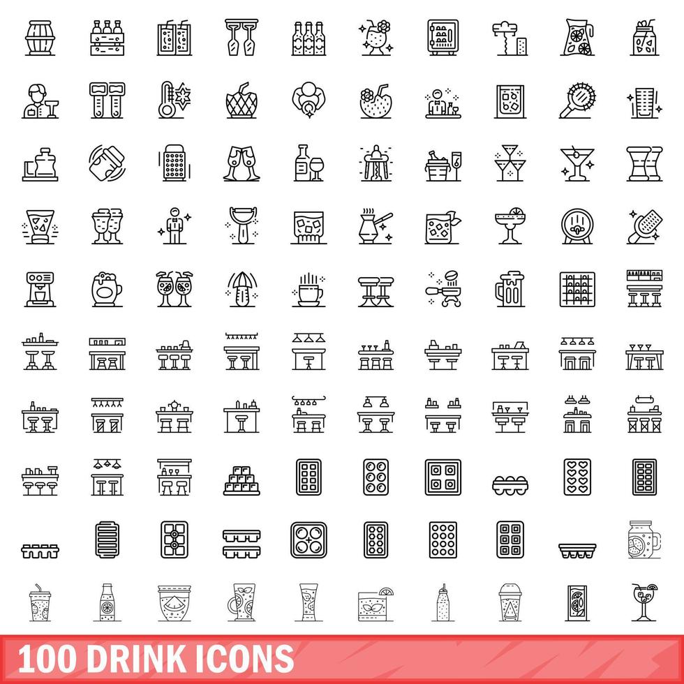 100 drank iconen set, Kaderstijl vector