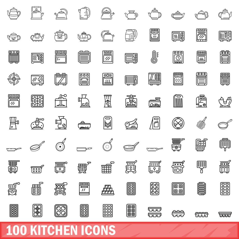 100 keuken iconen set, Kaderstijl vector