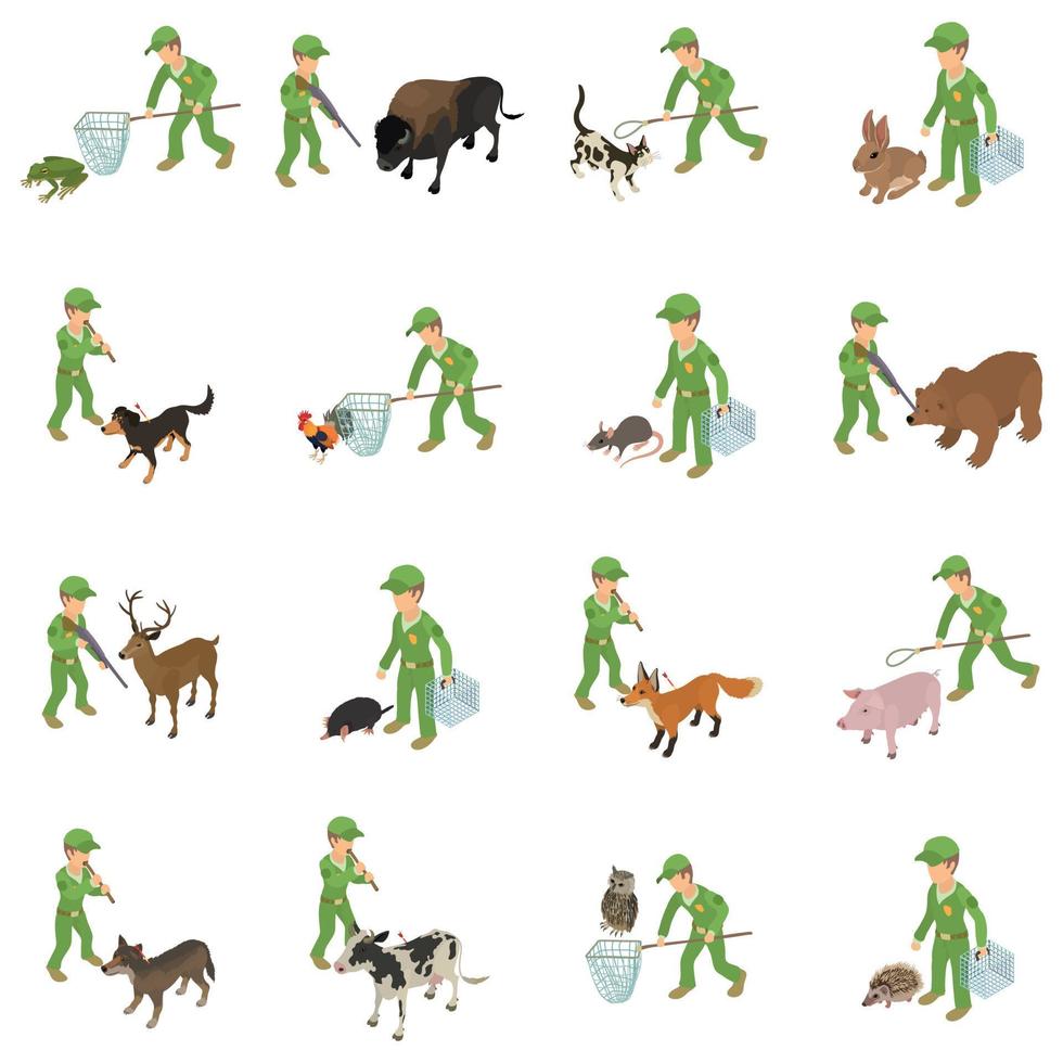 vang dieren iconen set, isometrische stijl vector