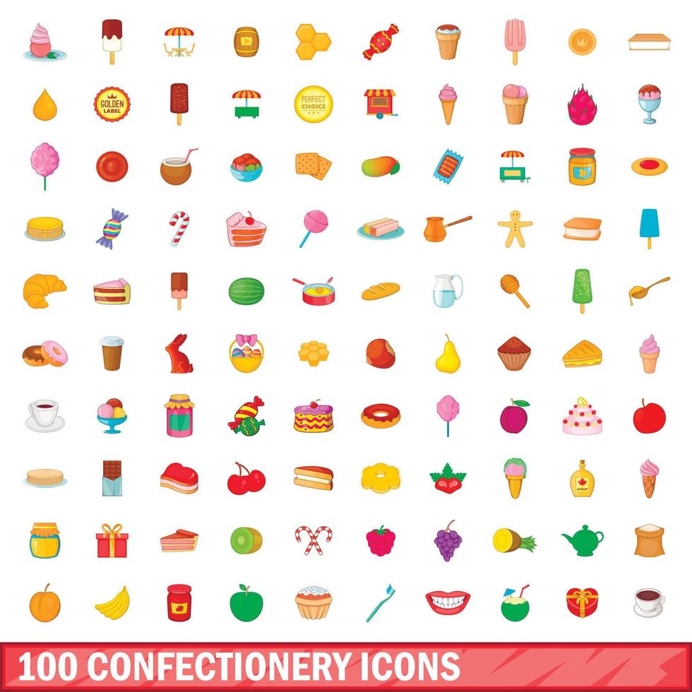 100 zoetwaren iconen set, cartoon stijl vector