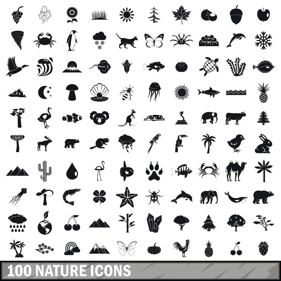100 natuur iconen set, eenvoudige stijl vector