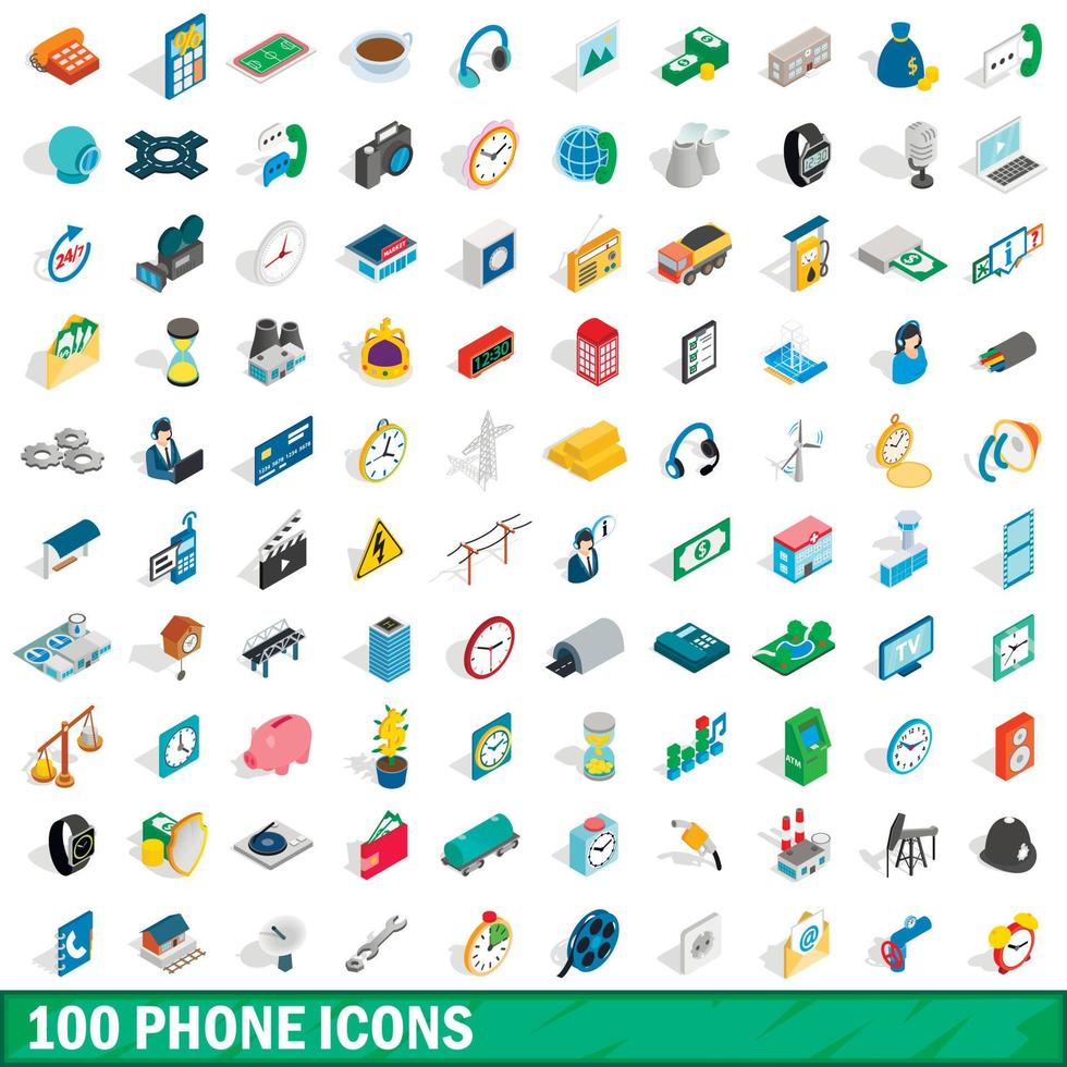 100 telefoon iconen set, isometrische 3D-stijl vector