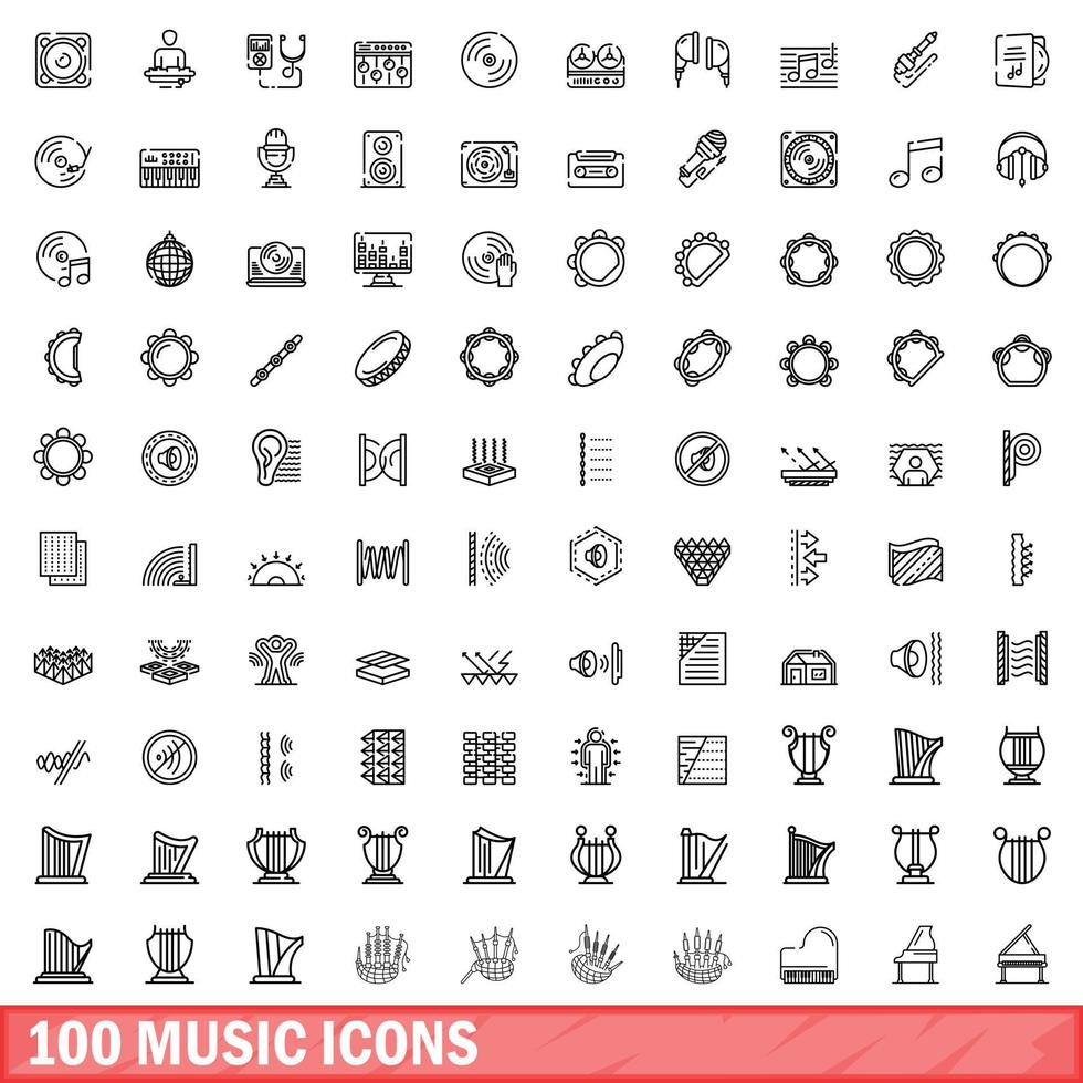 100 muziek iconen set, Kaderstijl vector