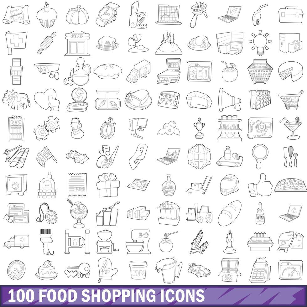 100 voedsel winkelen iconen set, Kaderstijl vector