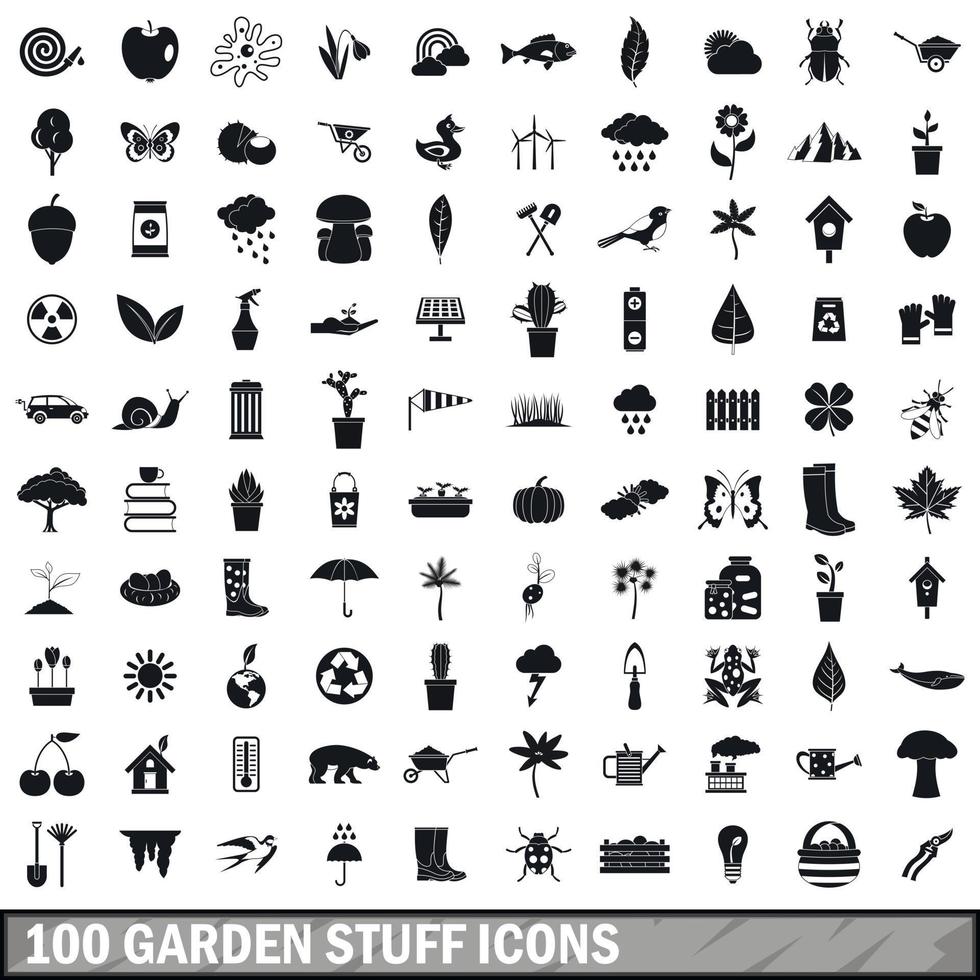 100 tuin spullen iconen set, eenvoudige stijl vector