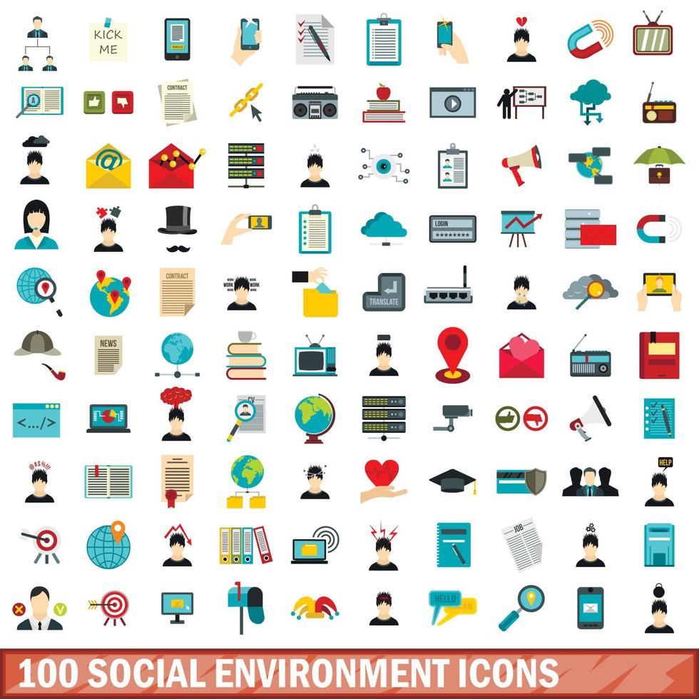 100 sociale omgeving iconen set, vlakke stijl vector