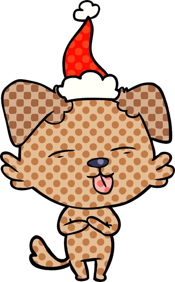 stripboekachtige illustratie van een hond die zijn tong uitsteekt en een kerstmuts draagt vector