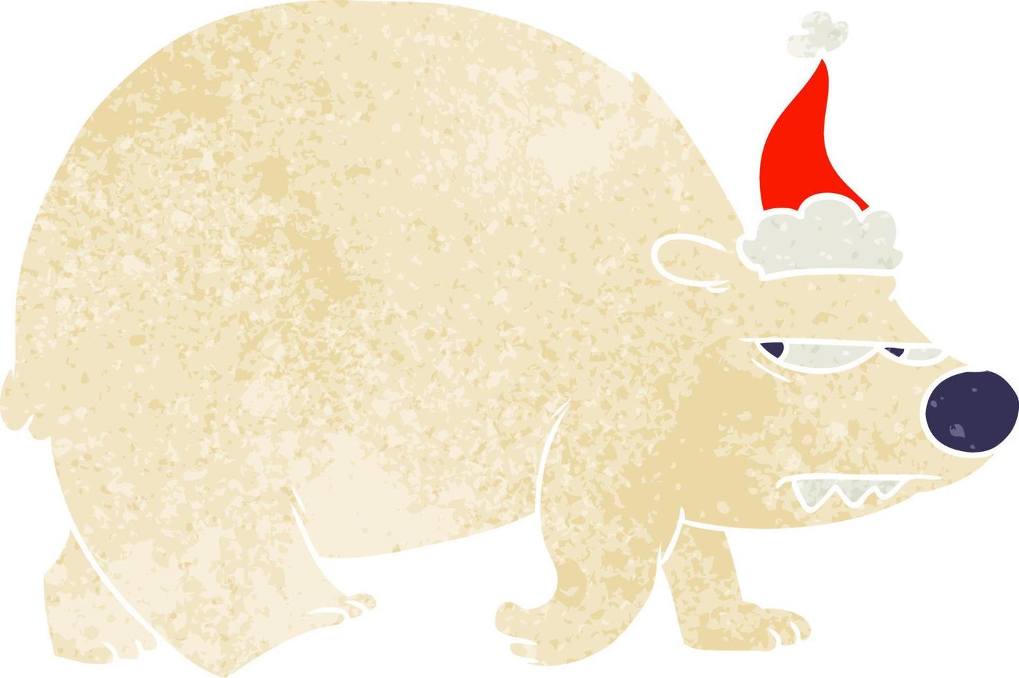 retro cartoon van een boze ijsbeer die een kerstmuts draagt vector