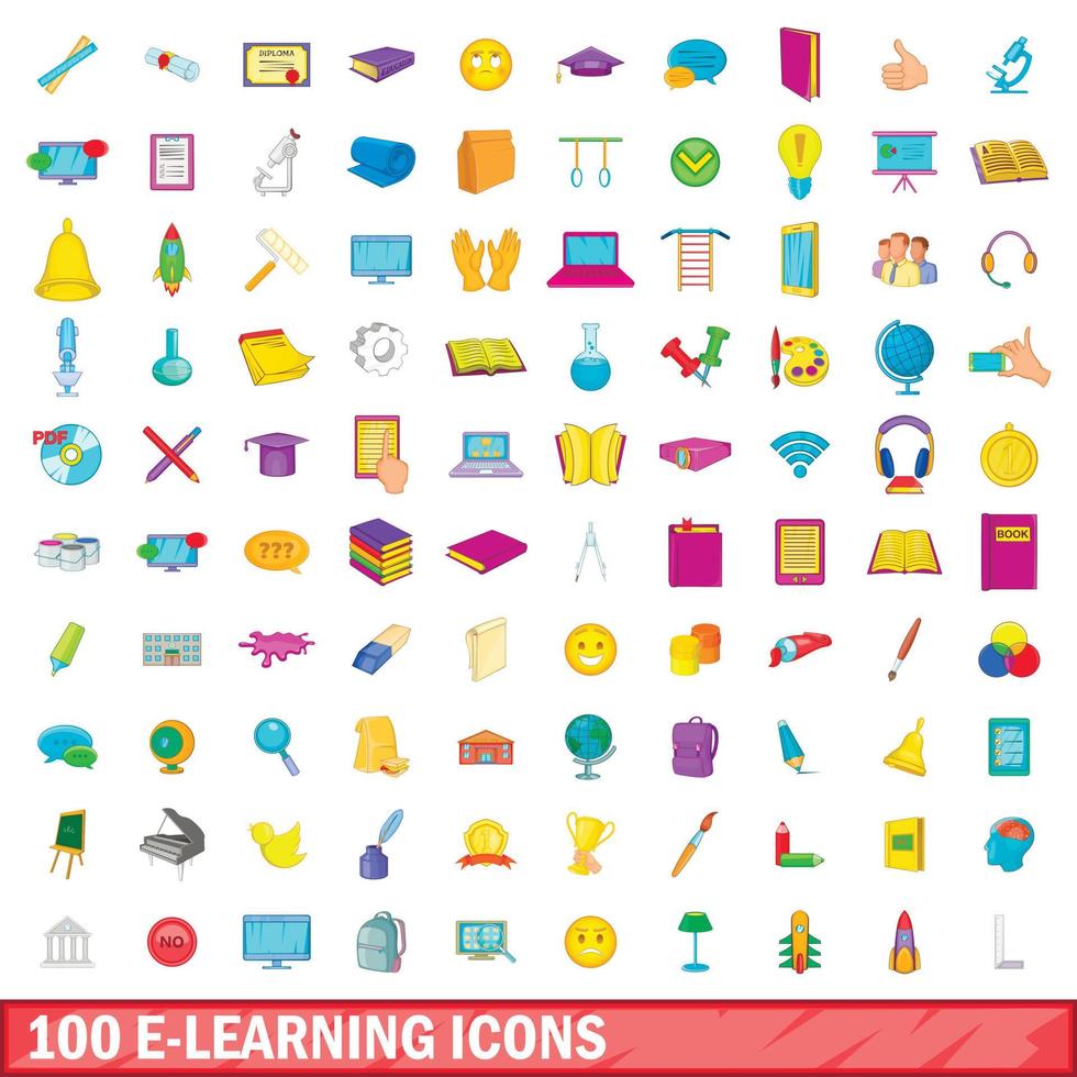 100 e-learning iconen set, cartoon stijl vector