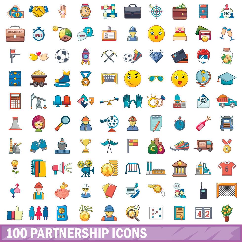 100 partnerschap iconen set, cartoon stijl vector