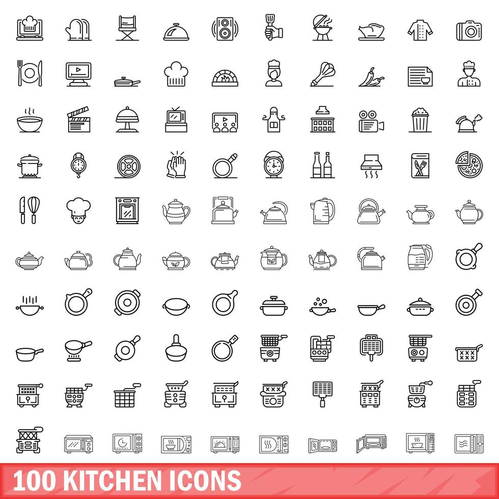 100 keuken iconen set, Kaderstijl vector