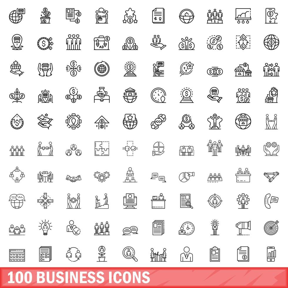 100 zakelijke iconen set, Kaderstijl vector