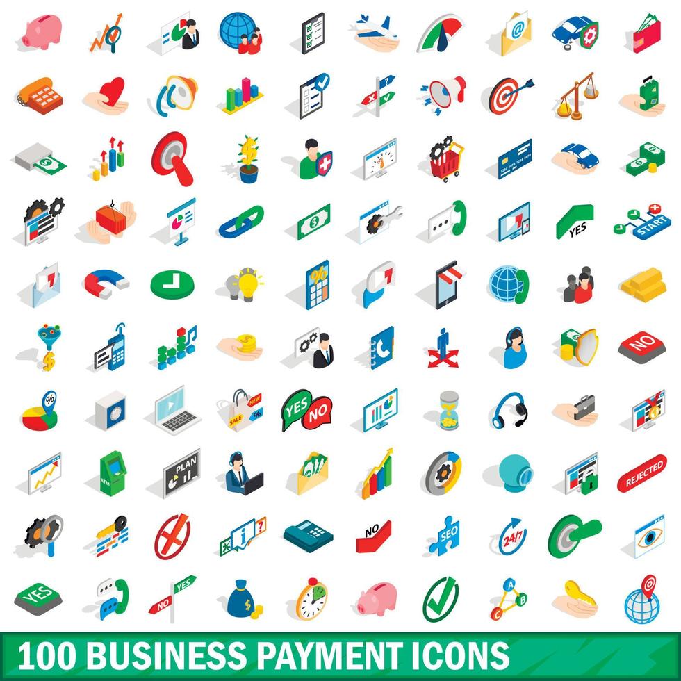 100 zakelijke betaling iconen set, isometrische 3D-stijl vector