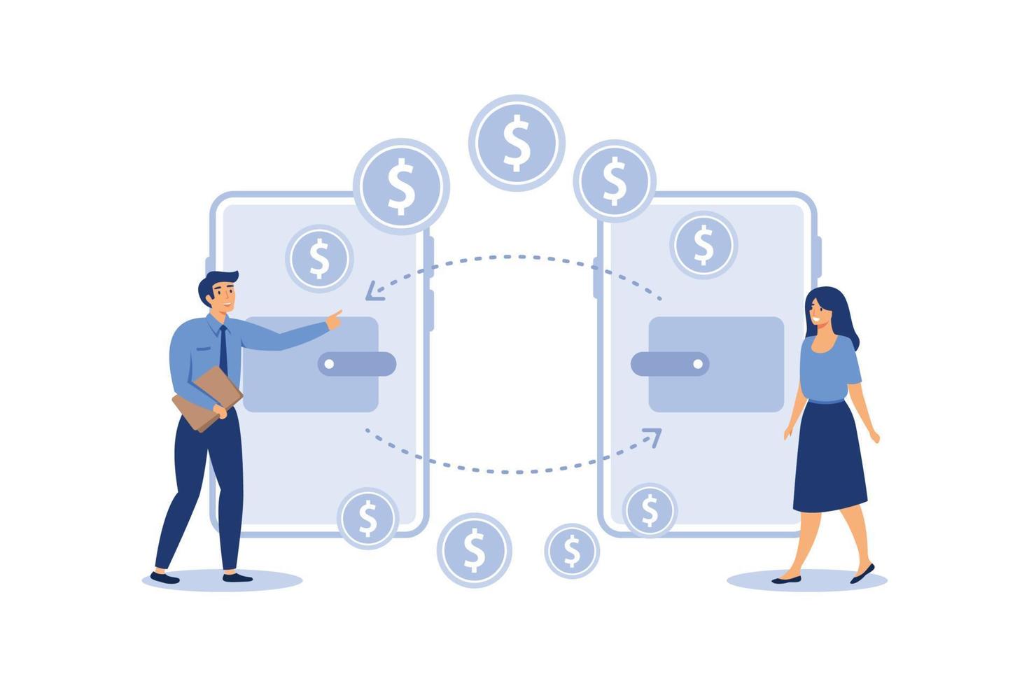 financiële transacties, niet-contante betalingstransacties. pos-terminal en betalingssystemen, valuta, munten, nfc betalingssysteem - platte vector, geldoverdracht vector