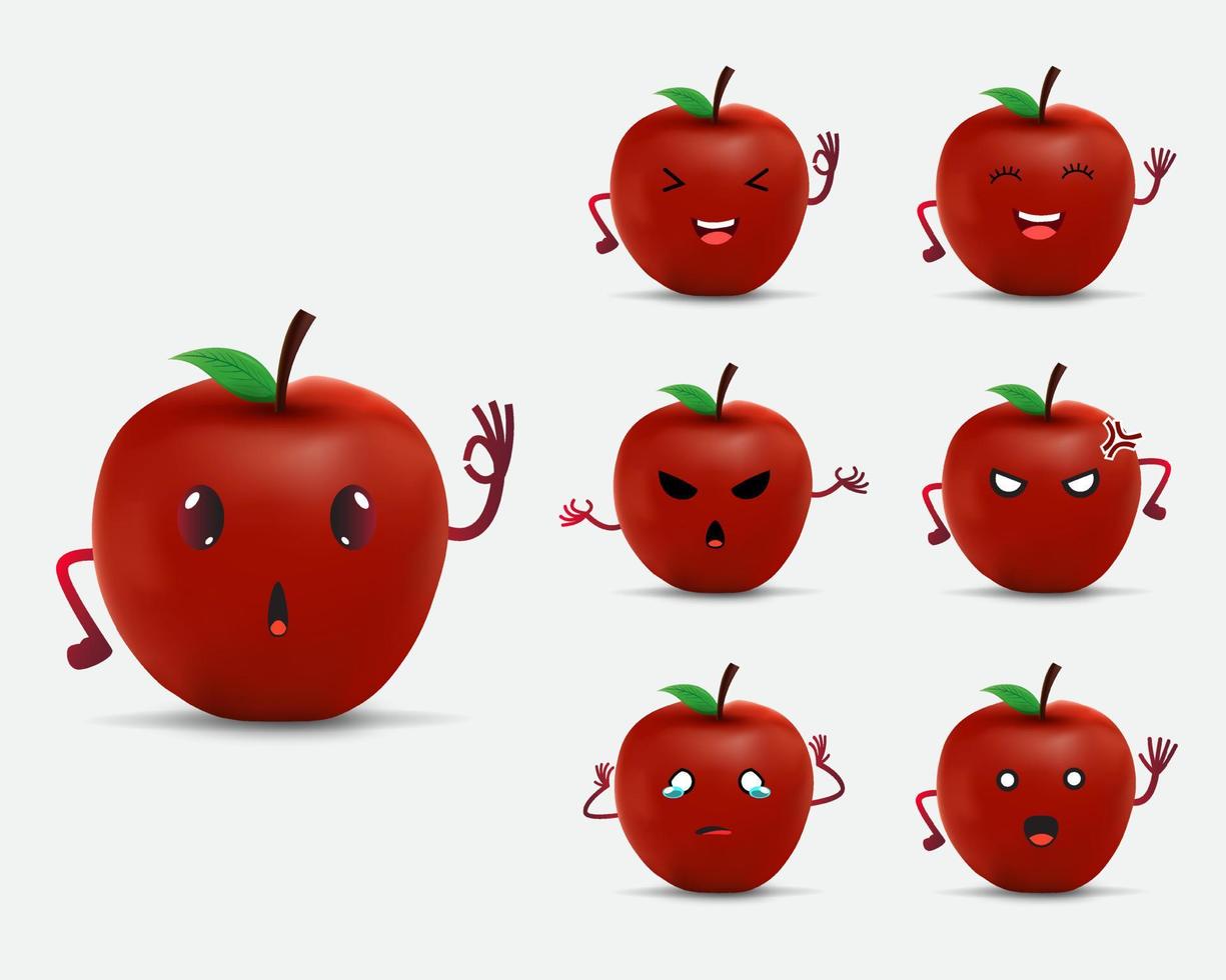 collectie van apple fruit cartoon karakter ontwerp icoon. blije, boze en droevige verschillende uitdrukking van appelfruitvector. vector