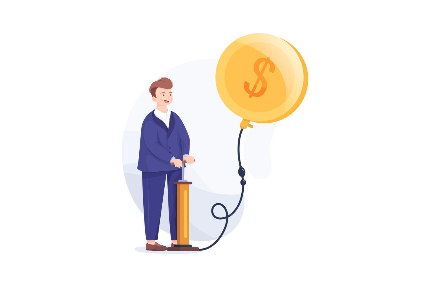 zakenman blaast een ballon in de vorm van een gouden munt vector