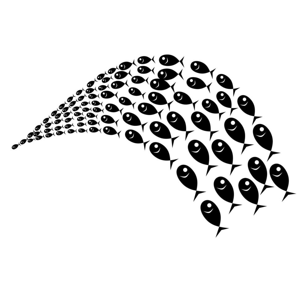 silhouet van een groep kleine zeevissen. kolonies vissen die samen zwemmen. vis school concept op witte achtergrond. geweldig voor mariene logo's en logo-sjablonen. vector illustratie