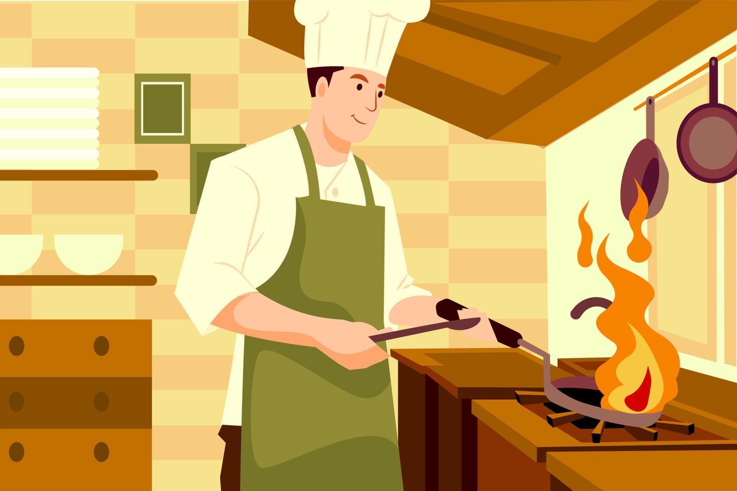 chef-kok kookt eten in de keuken van het restaurant vector