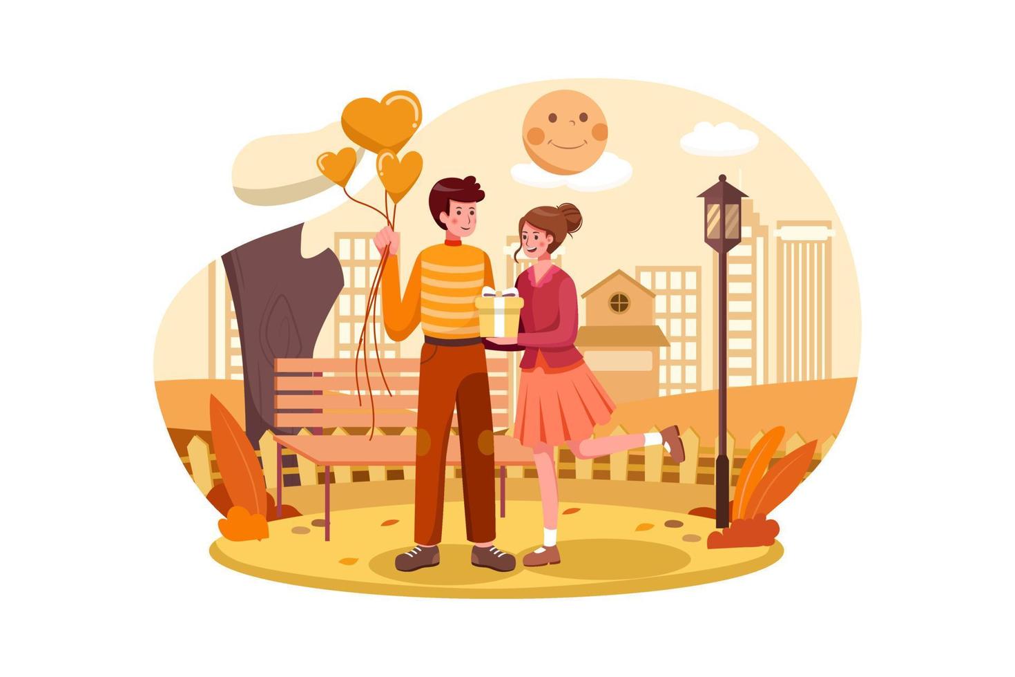 het paar dat cadeautjes geeft op Valentijnsdag in het park met liefdesillustratie vector