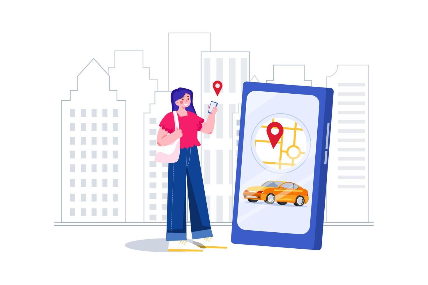 vrouwen met een telefoon met locatiemarkering van een slimme elektrische auto in de moderne skyline van de stad vector