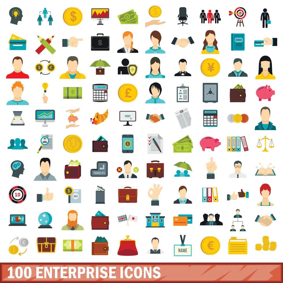 100 onderneming iconen set, vlakke stijl vector