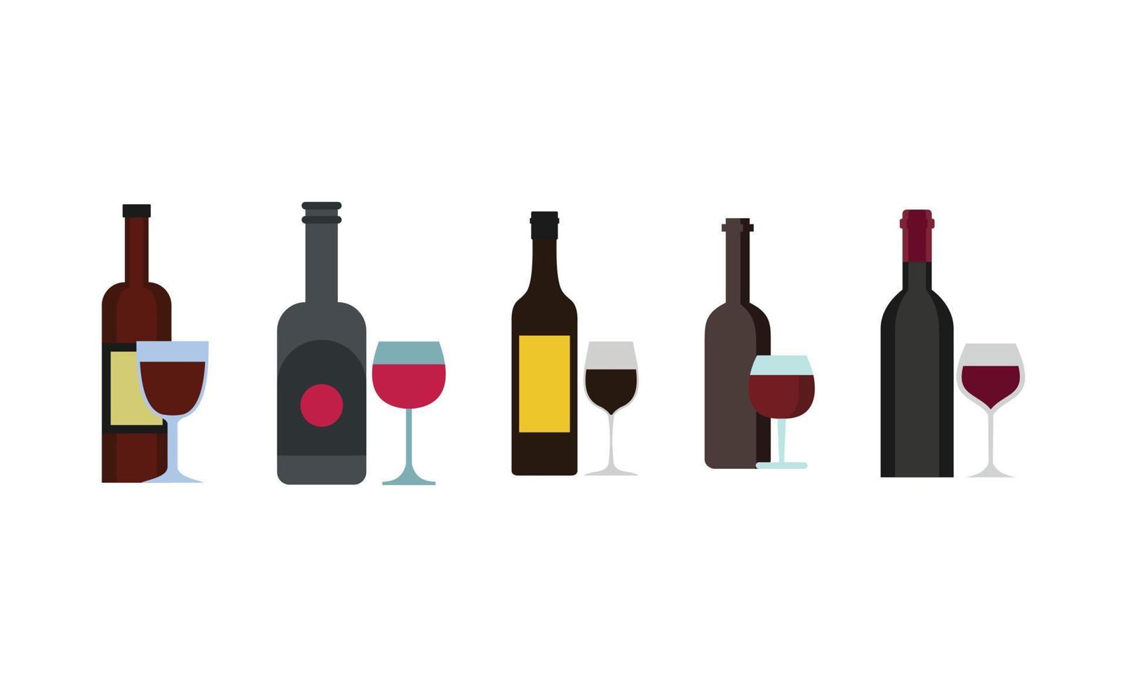 wijnfles glas pictogrammenset, vlakke stijl vector
