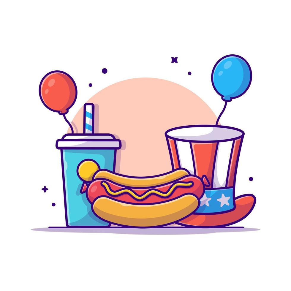 smakelijke hotdog met usa onafhankelijkheidsdag vlag frisdrank, hoed en ballon cartoon vector pictogram illustratie. voedsel object pictogram concept geïsoleerde premium vector. platte cartoonstijl