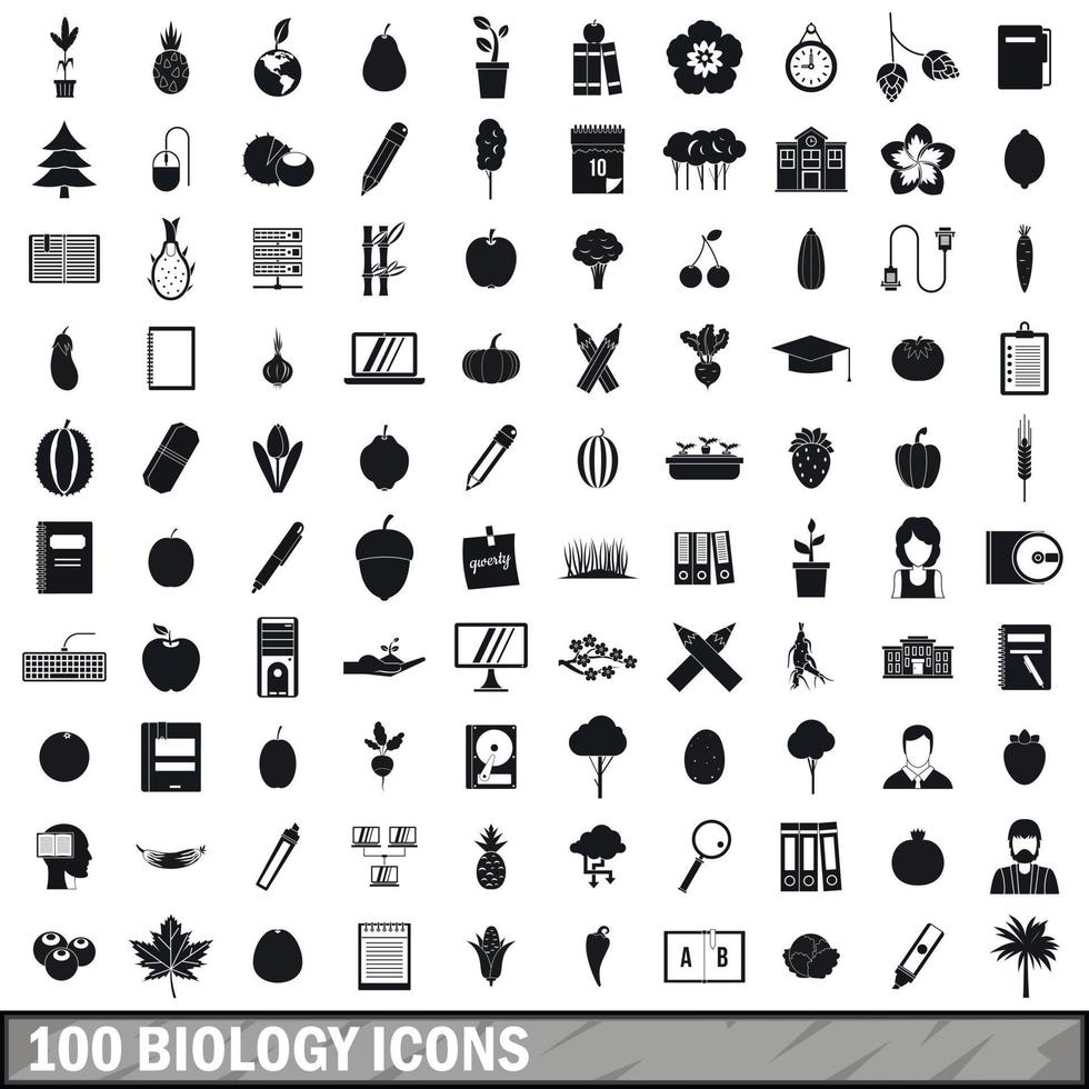 100 biologie iconen set, eenvoudige stijl vector