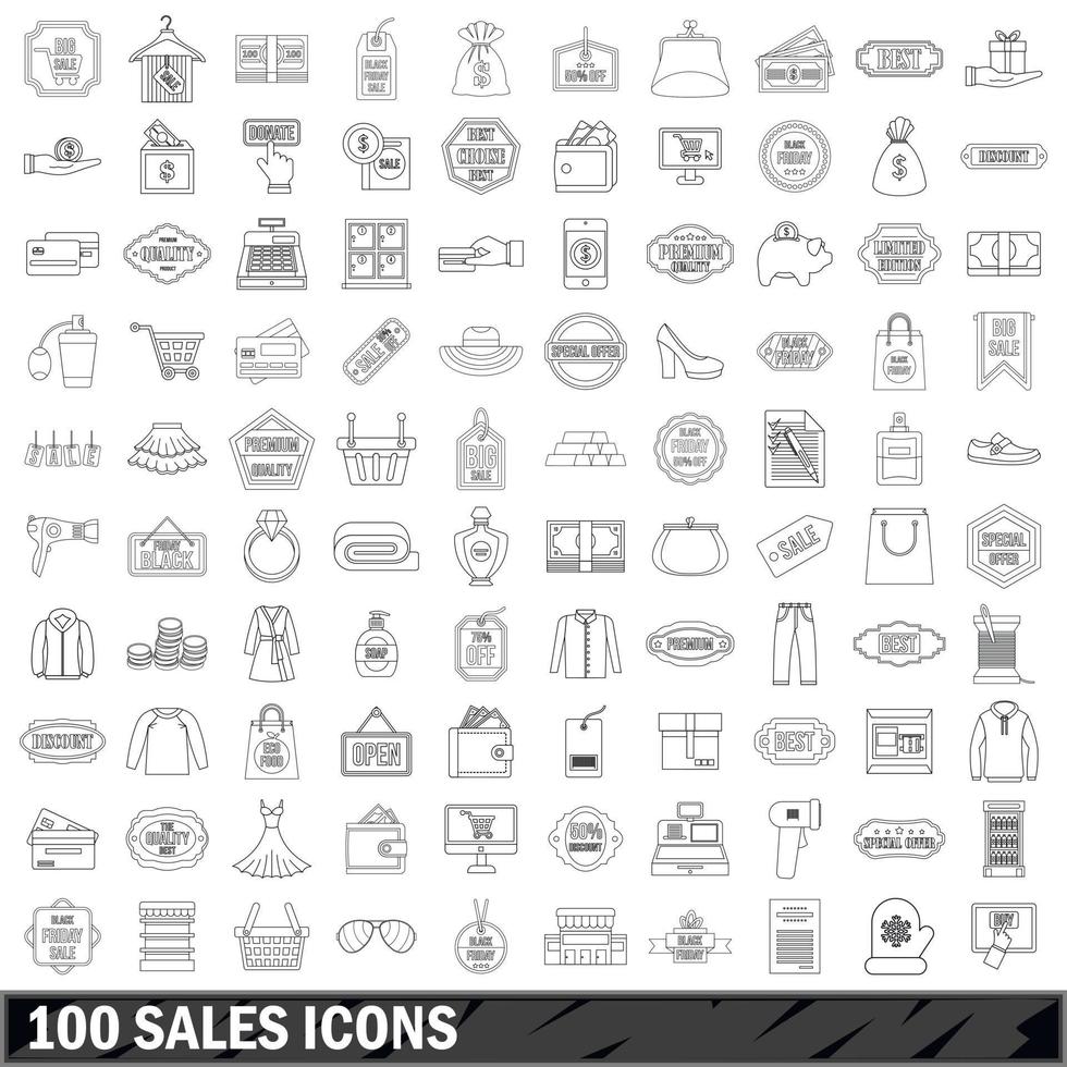 100 verkoop iconen set, Kaderstijl vector