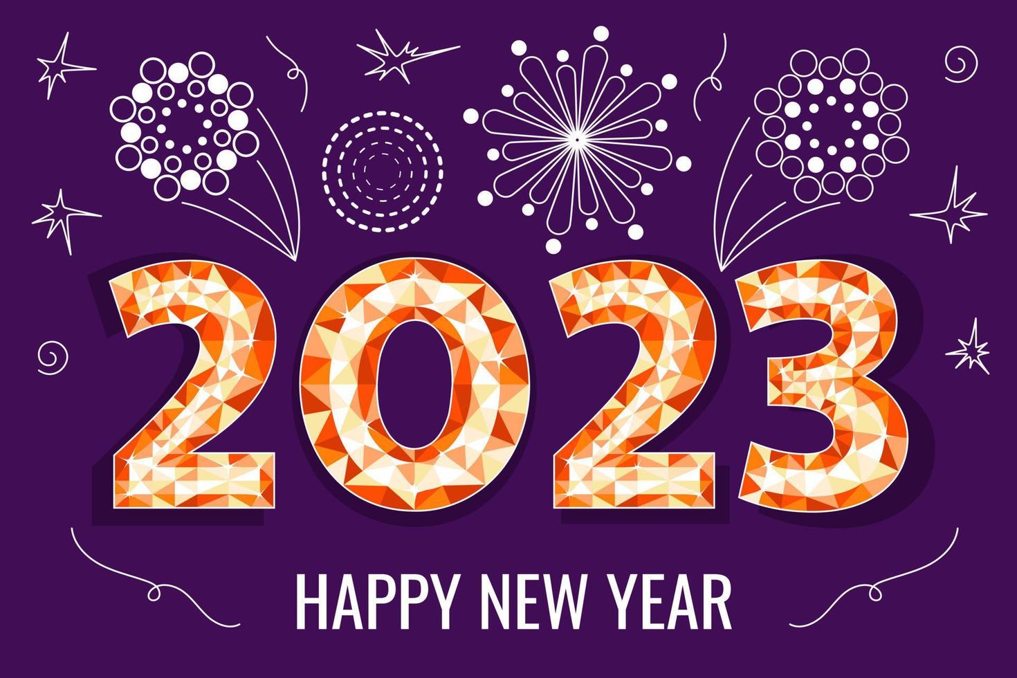 2023 gelukkig nieuwjaar belettering gemaakt van juweel met burst vuurwerk. heldere vakantie poster. vectorillustratie. vector