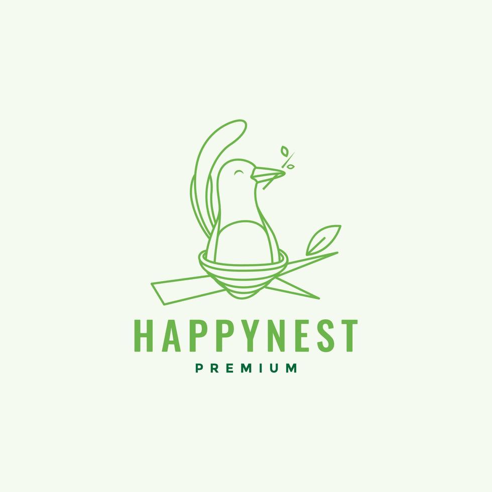 gelukkige vogel met nest tak lijn logo ontwerp vector grafisch symbool pictogram illustratie creatief idee