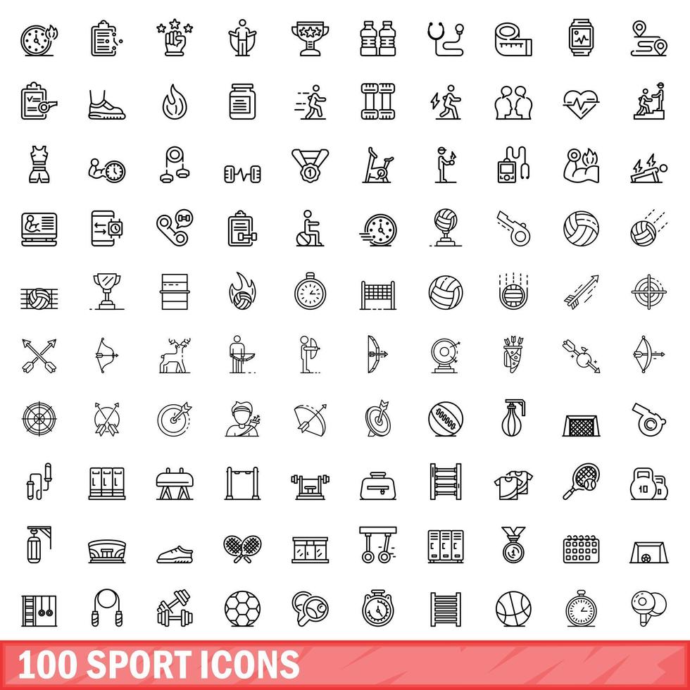 100 sport iconen set, Kaderstijl vector