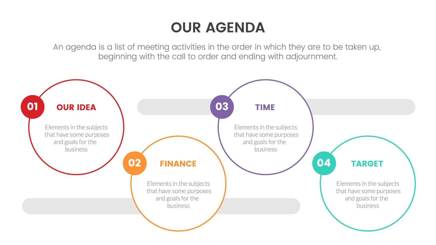 agenda infographic concept voor diapresentatie met 4-punts lijst en cirkel horizontale richting vector