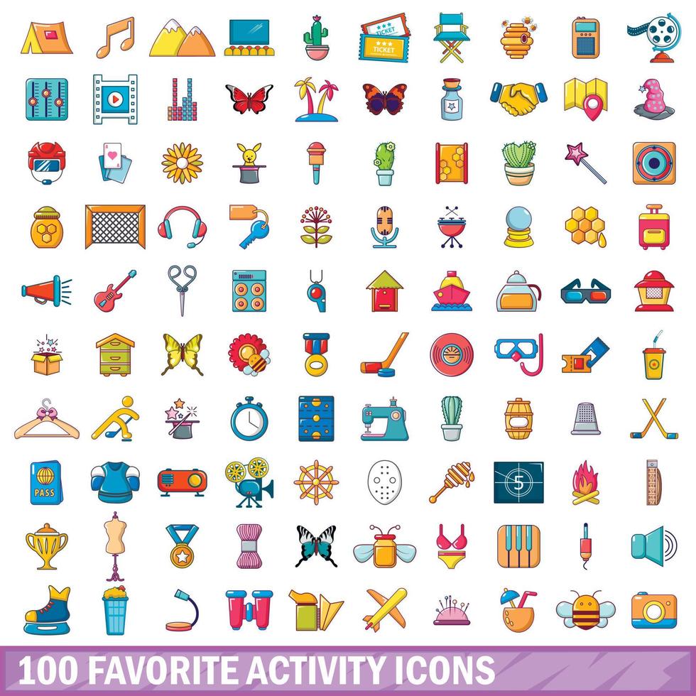 100 favoriete activiteit iconen set, cartoon stijl vector