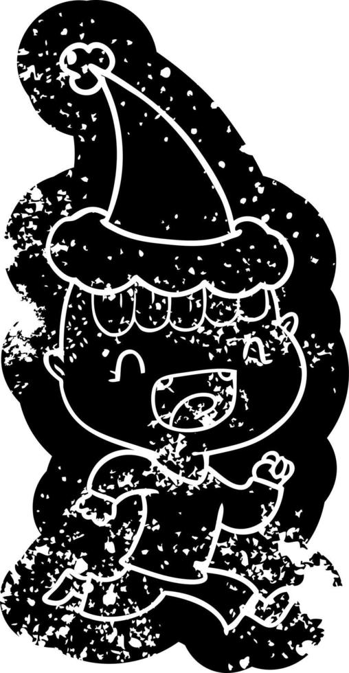 cartoon noodlijdende icoon van een gelukkige jongen die lacht en wegrent met een kerstmuts vector