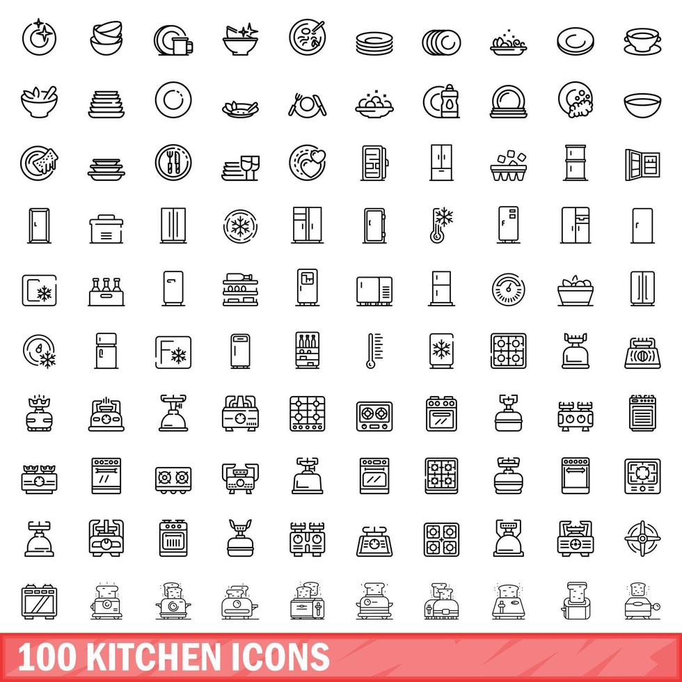 100 keuken iconen set, Kaderstijl vector