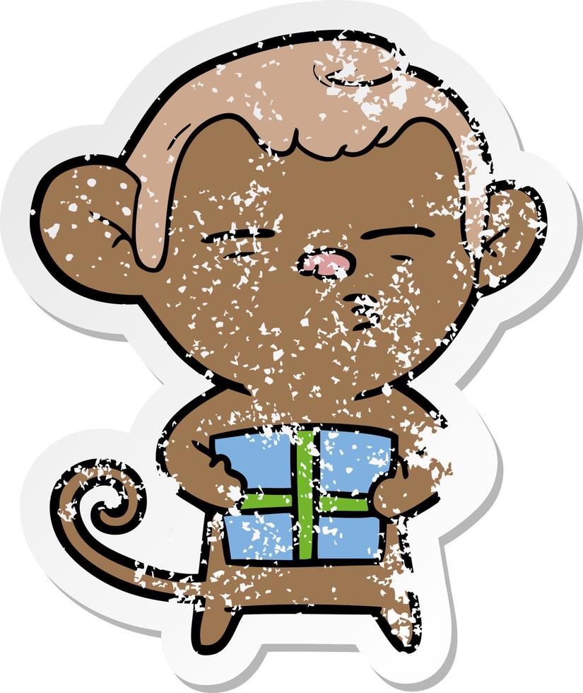 verontruste sticker van een cartoon verdachte aap met cadeau vector