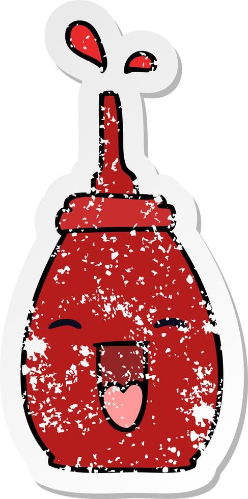 verontruste sticker van een eigenzinnige, met de hand getekende cartoon vrolijke rode saus vector
