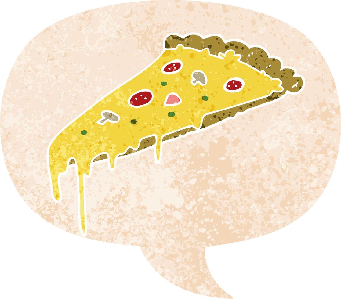 cartoon pizza slice en tekstballon in retro getextureerde stijl vector
