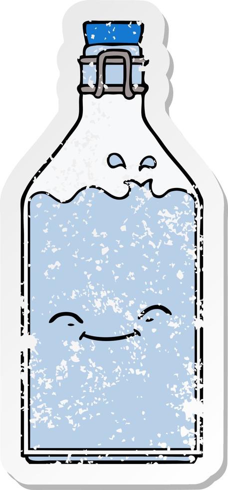 verontruste sticker van een cartoon oude waterfles vector