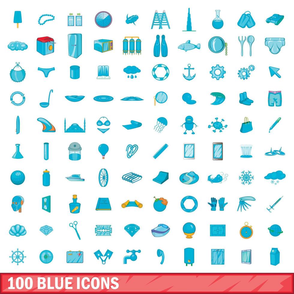 100 blauwe iconen set, cartoon stijl vector