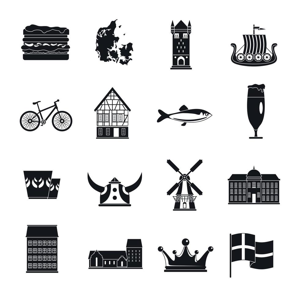 Denemarken reizen iconen set, eenvoudige stijl vector