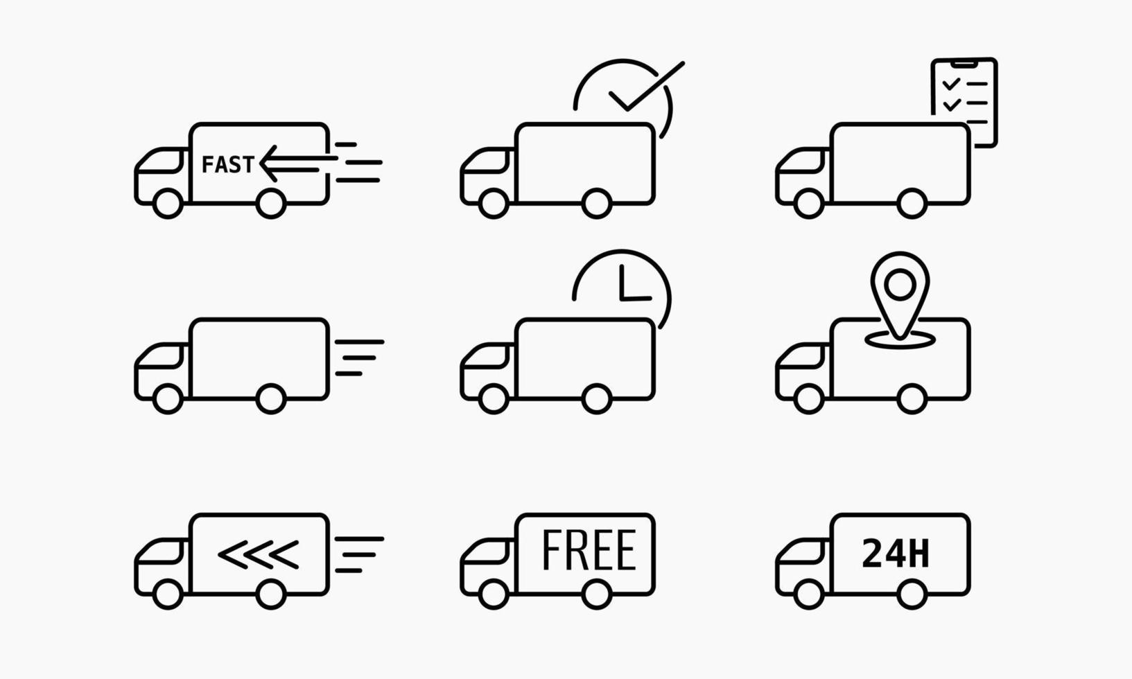 levering service vrachtwagen pictogramserie. lijn icoon van bestelwagen. vector