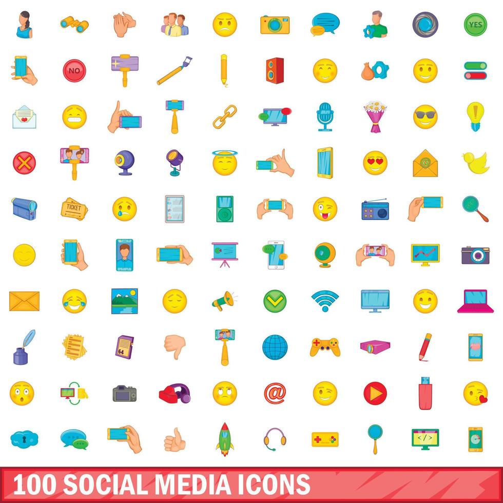 100 sociale media iconen set, cartoon stijl vector