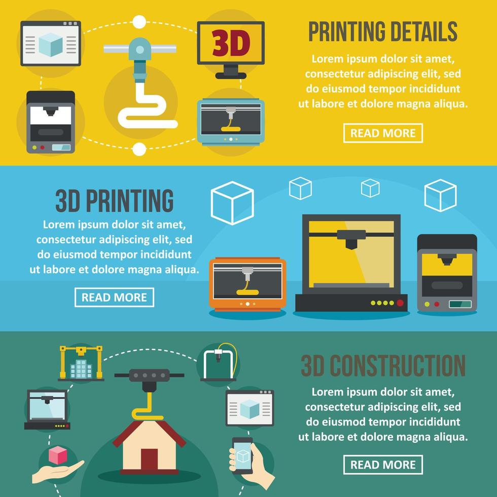 3D-printbanner horizontale set, vlakke stijl vector