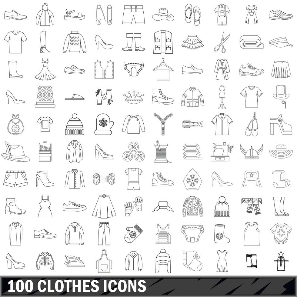 100 kleding iconen set, Kaderstijl vector