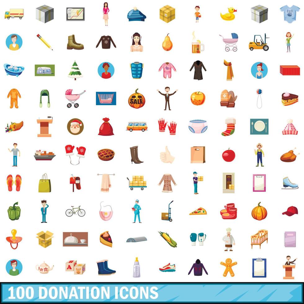 100 donatie iconen set, cartoon stijl vector