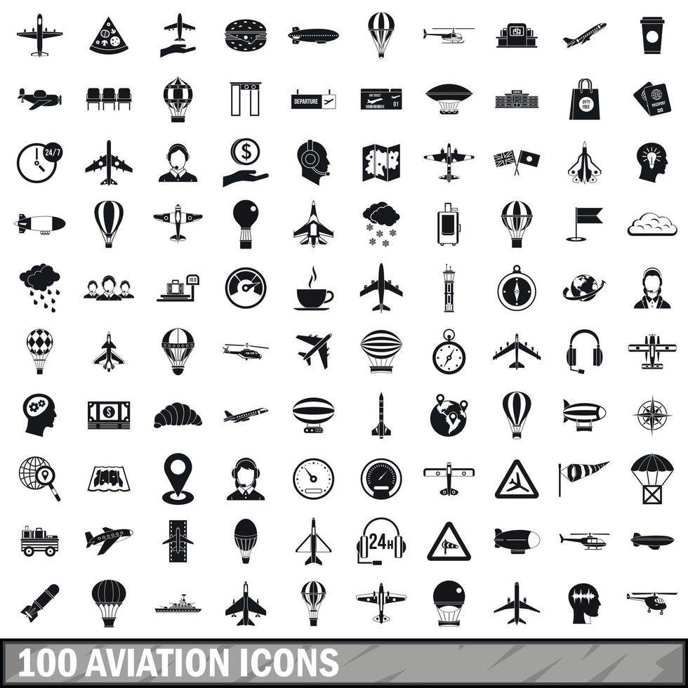 100 luchtvaart iconen set, eenvoudige stijl vector