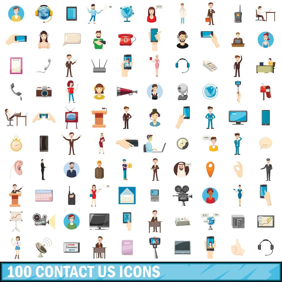 100 contact met ons op iconen set, cartoon stijl vector